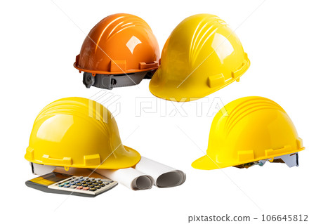 Helmet and Architectural and house plan project blueprint with calculator isolated on white background. Helmet and Architectural and house plan project blueprint with calculator isolated on white background. 106645812
