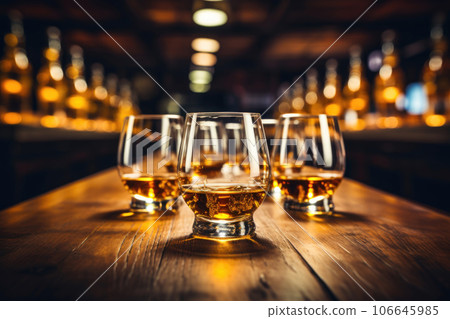 Glasses of whiskey with ice are on the bar Glasses of whiskey with ice are on the bar 106645985