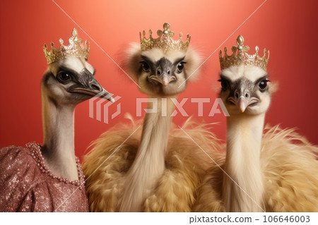 Three ostriches with crowns in golden dresses 106646003