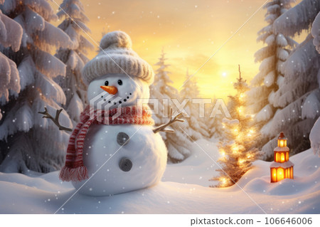 A happy snowman standing on the background of a Christmas landscape with lanterns in the snow A happy snowman standing on the background of a Christmas landscape with lanterns in the snow 106646006