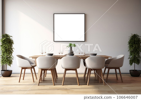 The interior of a modern kitchen and living room with a dining table and frames on the wall The interior of a modern kitchen and living room with a dining table and frames on the wall 106646007