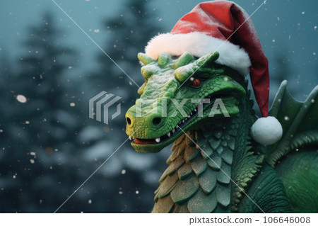 Green wooden dragon near the Christmas tree Green wooden dragon near the Christmas tree 106646008