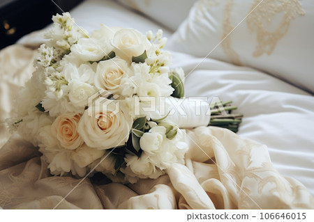 A wedding bouquet of roses and chrysanthemums is lying on the bed. A wedding bouquet of roses and chrysanthemums is lying on the bed. 106646015