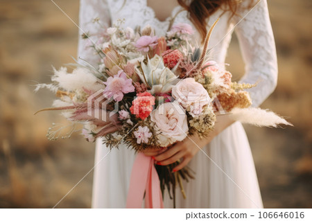The bride holds a bouquet in boho style The bride holds a bouquet in boho style 106646016