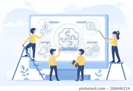 Business brainstorming ideas concept. Business people planning, data analysis, support, working together, creative thinking, improvement and development to achieve success. Flat vector illustration. Business brainstorming ideas concept. Business people planning, data analysis, support, working together, creative thinking, improvement and development to achieve success. Flat vector illustration. 106646214