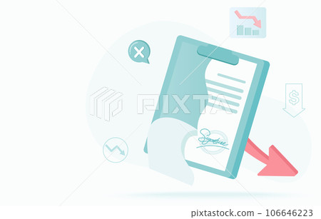 Contract cancellation concept. Termination or dismissal contract tear, contract failure, negotiation, problem, stocks market crash and reject confirmation. Flat vector illustration with copy space. Contract cancellation concept. Termination or dismissal contract tear, contract failure, negotiation, problem, stocks market crash and reject confirmation. Flat vector illustration with copy space. 106646223