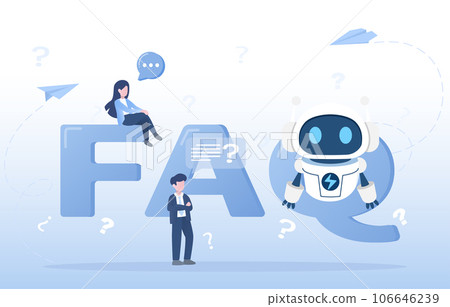 Artificial intelligence (AI) technology and FAQ concept. Ask questions, answer, analysis, survey, opinions, investigate to solve problems. Flat vector design illustration. 106646239