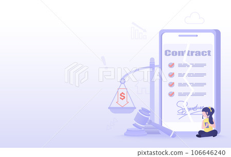 Online contract cancellation concept. Termination or dismissal of employment, fired from work, tearing up contract paper. Flat vector design illustration with copy space. Online contract cancellation concept. Termination or dismissal of employment, fired from work, tearing up contract paper. Flat vector design illustration with copy space. 106646240