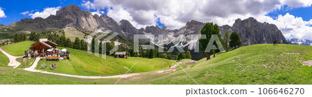 Alpine nature scenery. .Breathtaking panorama of beautiful Alps mountains Dolomites, Val Gardena famous ski resort in south Tyrol in northern Italy. Alpine nature scenery. .Breathtaking panorama of beautiful Alps mountains Dolomites, Val Gardena famous ski resort in south Tyrol in northern Italy. 106646270