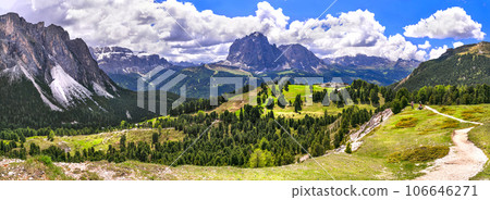 Breathtaking panorama of beautiful Alps mountains Dolomites, Val Gardena ski resort in south Tyrol in northern Italy. Alpine nature scenery Breathtaking panorama of beautiful Alps mountains Dolomites, Val Gardena ski resort in south Tyrol in northern Italy. Alpine nature scenery 106646271