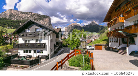 panorama of scenic Val Gardena village ski resort with traditional houses in south Tyrol, surrounded by Alps mountains Dolomites, northern Italy. panorama of scenic Val Gardena village ski resort with traditional houses in south Tyrol, surrounded by Alps mountains Dolomites, northern Italy. 106646273
