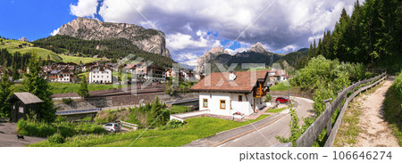 panorama of scenic Val Gardena village ski resort in south Tyrol, surrounded by Alps mountains Dolomites, northern Italy. panorama of scenic Val Gardena village ski resort in south Tyrol, surrounded by Alps mountains Dolomites, northern Italy. 106646274