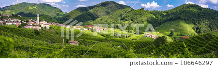 famous wine region in Treviso, Italy.  Valdobbiadene  hills and vineyards on the famous prosecco wine route and scenic villages 106646297