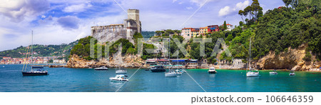 Italy, Liguria. famous golf of poets and scenic town Lerici with medieval castle and nice beaches. popular tourist summer destination Italy, Liguria. famous golf of poets and scenic town Lerici with medieval castle and nice beaches. popular tourist summer destination 106646359