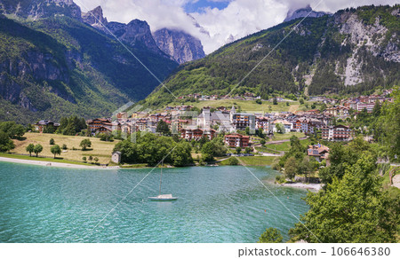 Most scenic mountain lakes in northern Italy - beautiful Molveno in Trento, Trentino Alto Adige region 106646380