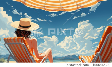Beautiful woman in a sun hat enjoying the European beach 106646428