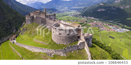 Castel Beseno aerial drone panoramic view - Most famous and impressive historical medieval castles of Italy in Trento province, Trentino region 106646433
