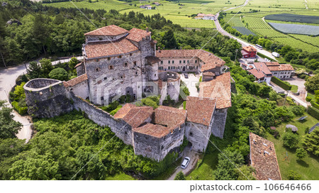 Castel Pietra surrounded by vineyards, aerial drone view - charming medieval castles of Italy in Trento province, Trentino region Castel Pietra surrounded by vineyards, aerial drone view - charming medieval castles of Italy in Trento province, Trentino region 106646466
