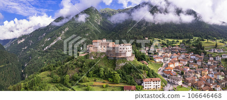 medieval castles of northern Italy.  Castle Stenico and village. Trentino region, province of Trento. Aerial drone high angle view 106646468