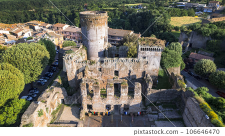 Italy travel and landmarks. Famous historic Etruscan city Nepi in Tuscia, Viterbo province. Popular tourist destination and attration. Aerial drone view 106646470