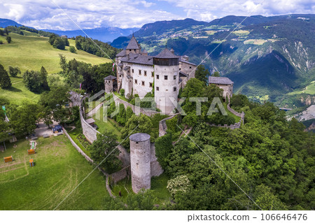 Beautiful medieval castles of northern Italy ,Alto Adige South Tyrol region. Presule castel,   aerial drone high angle view 106646476