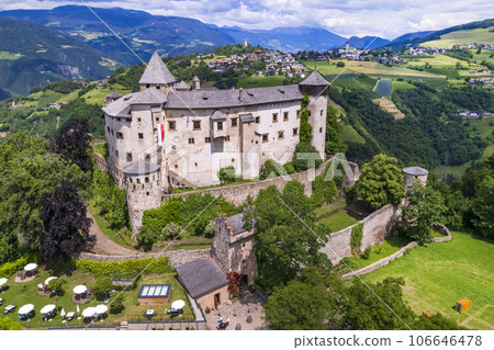 Beautiful medieval castles of northern Italy ,Alto Adige South Tyrol region. Presule castel, aerial drone high angle view Beautiful medieval castles of northern Italy ,Alto Adige South Tyrol region. Presule castel, aerial drone high angle view 106646478