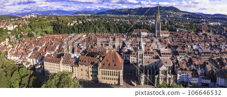 Old town of Bern -capital city of Switzerland. aerial panoramic dorne view. Swiss travel destinations Old town of Bern -capital city of Switzerland. aerial panoramic dorne view. Swiss travel destinations 106646532