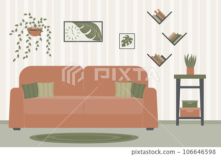 Interior design of the living room with furniture. A sofa with decorative pillows, bookshelves, potted plants, a stand with storage boxes, a picture on the wall, a clock. 106646598