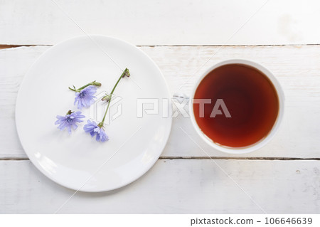 A top view of the cichorium flowers in a saucer, on a light background. A mug with a drink. Flowers of ordinary chicory or cichorium dioecious. With space to copy. High quality photo A top view of the cichorium flowers in a saucer, on a light background. A mug with a drink. Flowers of ordinary chicory or cichorium dioecious. With space to copy. High quality photo 106646639