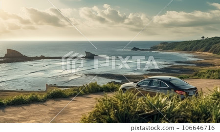 A modern car stands near the seashore against the backdrop of nature and mountains. A modern car stands near the seashore against the backdrop of nature and mountains. 106646716
