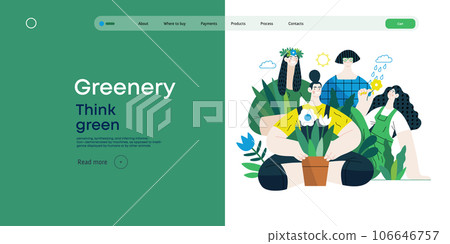 Greenery, ecology -modern flat vector concept illustration of people surrounded by plants and flowers. Metaphor of environmental sustainability and protection, closeness to nature 106646757