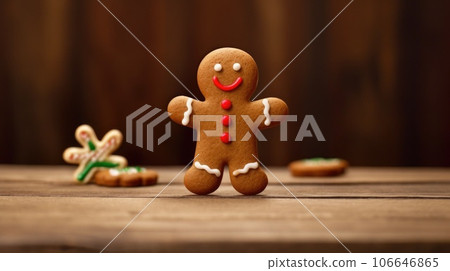 Gingerbread man dancing on the wooden kitchen table, copy space Gingerbread man dancing on the wooden kitchen table, copy space 106646865