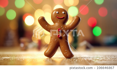 Gingerbread man dancing on the kitchen table with colorful bokeh in the background Gingerbread man dancing on the kitchen table with colorful bokeh in the background 106646867