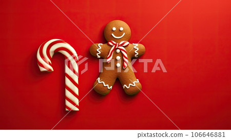 Christmas banner, gingerbread man and candy cane on red background at Christmastime. Tradition of Happy Christmas. Joyful celebrations with festive joy and sweet treats Christmas banner, gingerbread man and candy cane on red background at Christmastime. Tradition of Happy Christmas. Joyful celebrations with festive joy and sweet treats 106646881