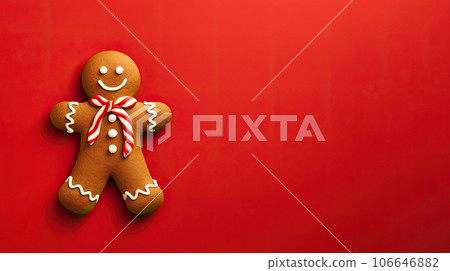 Christmas banner, gingerbread man on red background with copy space at Christmastime. Tradition of Happy Christmas. Joyful celebrations with festive joy and sweet treats. flat lay, top view 106646882
