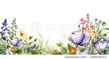 Watercolor illustration, greeting card design, border of colorful wildflowers, frame of field meadow flowers on a white background. Copy space. AI generated 106646923