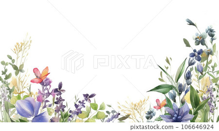 Watercolor illustration, greeting card design, border of colorful wildflowers, frame of field meadow flowers on a white background. Copy space. AI generated 106646924