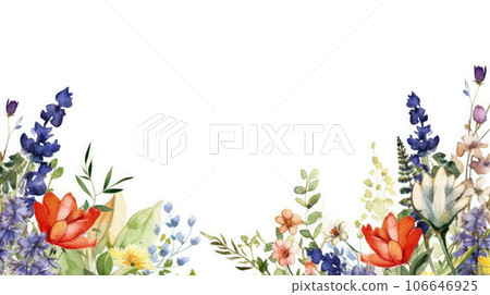 Watercolor illustration, greeting card design, border of colorful wildflowers, frame of field meadow flowers on a white background. Copy space. AI generated 106646925