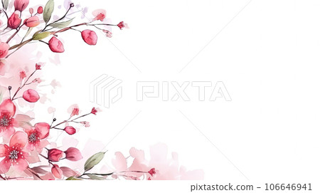 Watercolor illustration, greeting card design, border of pink flowers Sakura, frame of cherry blossom on white background. Copy space. AI generated 106646941
