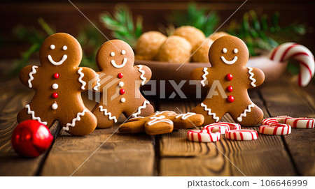 Gingerbread men on the wooden kitchen table with christmas sweeets in the background 106646999