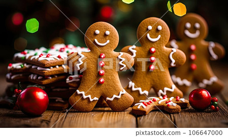 Gingerbread men on the wooden kitchen table with christmas sweeets in the background 106647000