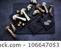 Aureoboletus projectellus mushrooms with spices on dark background. Menu concept. Flat lay, close up, copy space. 106647053