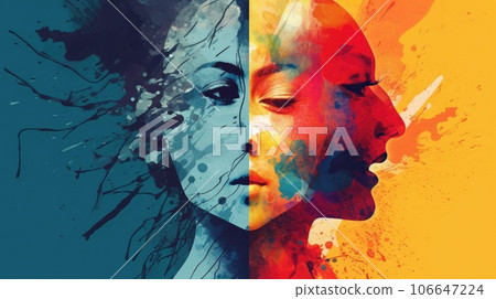 Abstrakt illustration of intrapersonal conflict, Bipolar personality disorder, portrait of woman. Concept of menthal illness, menthal health. AI generated Abstrakt illustration of intrapersonal conflict, Bipolar personality disorder, portrait of woman. Concept of menthal illness, menthal health. AI generated 106647224