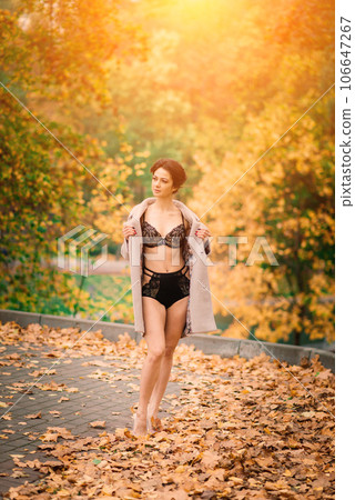 Beautiful young woman in lingerie in autumn forest 106647267