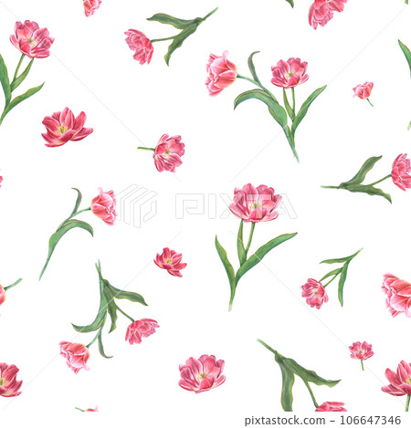 Watercolor seamless pattern of pink tulips. Spring flower illustration for print, textile design, wrapping paper, scrapbooking, postcards Watercolor seamless pattern of pink tulips. Spring flower illustration for print, textile design, wrapping paper, scrapbooking, postcards 106647346