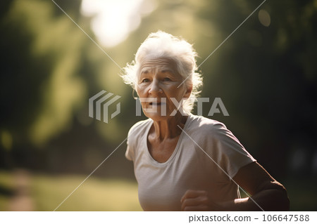Portrait beautiful old woman taking run on park in summer warm sunny day. AI generated 106647588