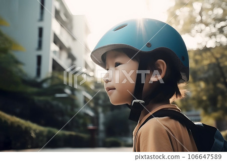 Portrait of an Asian boy child in a bicycle helmet in an urban landscape. AI generated Portrait of an Asian boy child in a bicycle helmet in an urban landscape. AI generated 106647589
