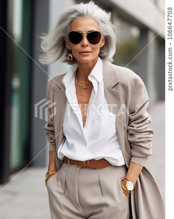Beautiful senior lady with gray hair posing standing in the street of European city, gorgeous older woman fashion model, streetstyle blogger 106647708