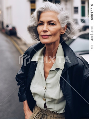 Beautiful senior lady with gray hair posing standing in the street of European city, gorgeous older woman fashion model, streetstyle blogger 106647710