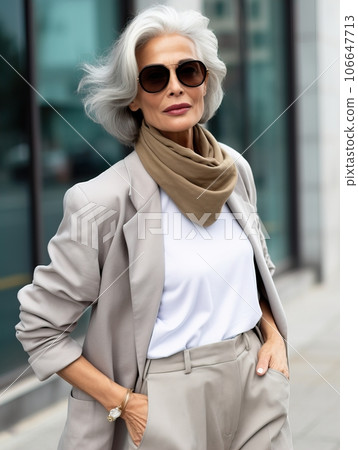 Beautiful senior lady with gray hair posing standing in the street of European city, gorgeous older woman fashion model, streetstyle blogger Beautiful senior lady with gray hair posing standing in the street of European city, gorgeous older woman fashion model, streetstyle blogger 106647713